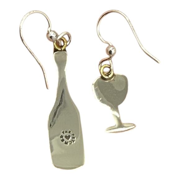 Far Fetched Wine Glass Bottle Dangle Earrings Mismatched Design Artisan Silver - Picture 5 of 5